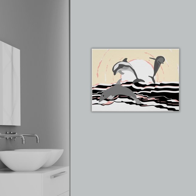Poster Dauphins De Saut De L'Océan Abstrait Au lever Du S (Abstract Ocean Jumping Dolphins At Sunrise Poster, Bathroom)