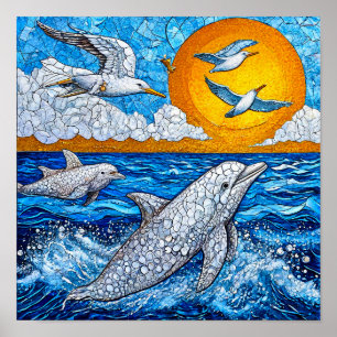 Poster Dauphins et mouettes mosaïque océanique côtière