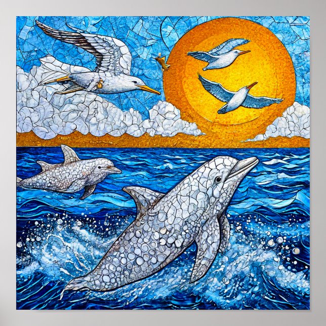 Poster Dauphins et mouettes mosaïque océanique côtière (Devant)