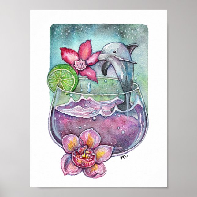 Poster Dauphins et orchidées (Devant)