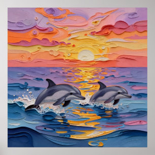 Poster Dauphins Impasto et vagues océaniques