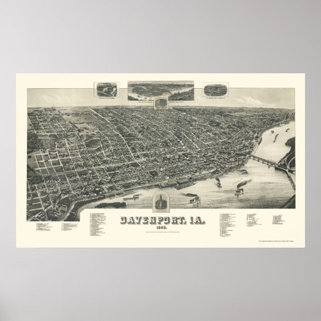 Poster Davenport, IA Carte panoramique - 1888 (Devant)