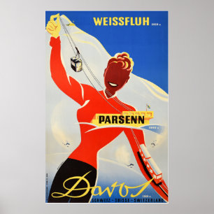 Poster Davos Parsenn, Une Fille Montre Le Téléphérique Ca