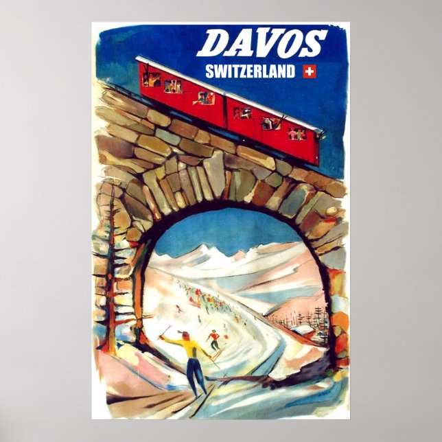Poster Davos, téléphérique rouge sur le pont, Suisse (Devant)