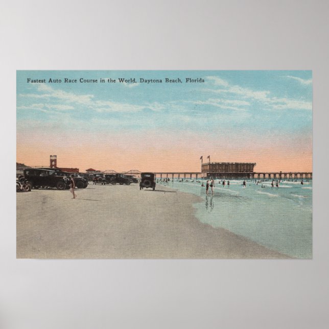 Poster Daytona, FL - Vue sur la plage avec voitures & (Devant)