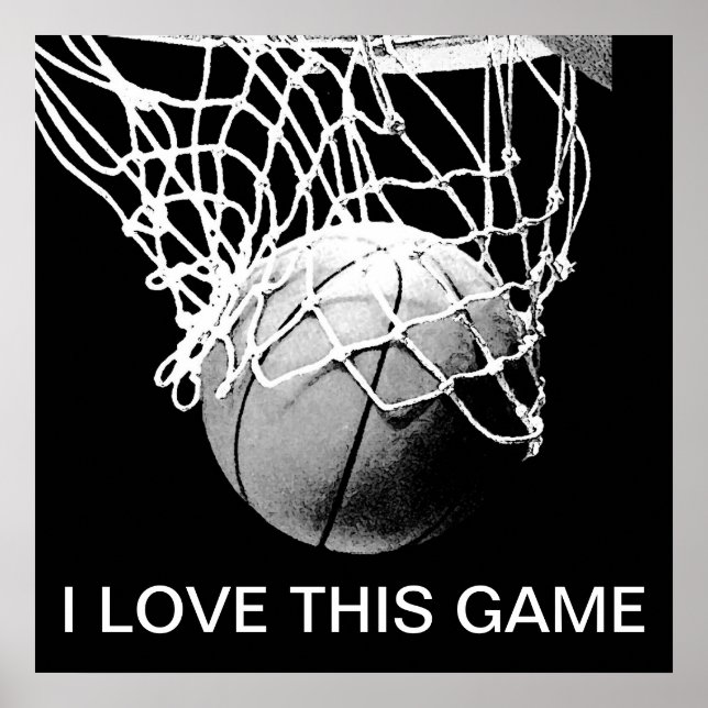 Poster de basket-ball noir et blanc J'aime ce jeu (Devant)