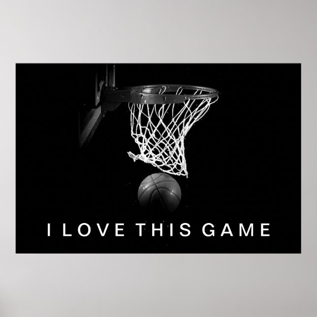 Poster de basket-ball noir et blanc J'aime ce jeu (Devant)