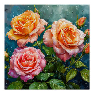 Poster De belles roses épanouies avec des gouttelettes d'