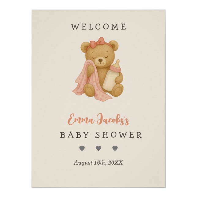 Poster de bienvenue de Baby shower de fille Teddy  (Devant)
