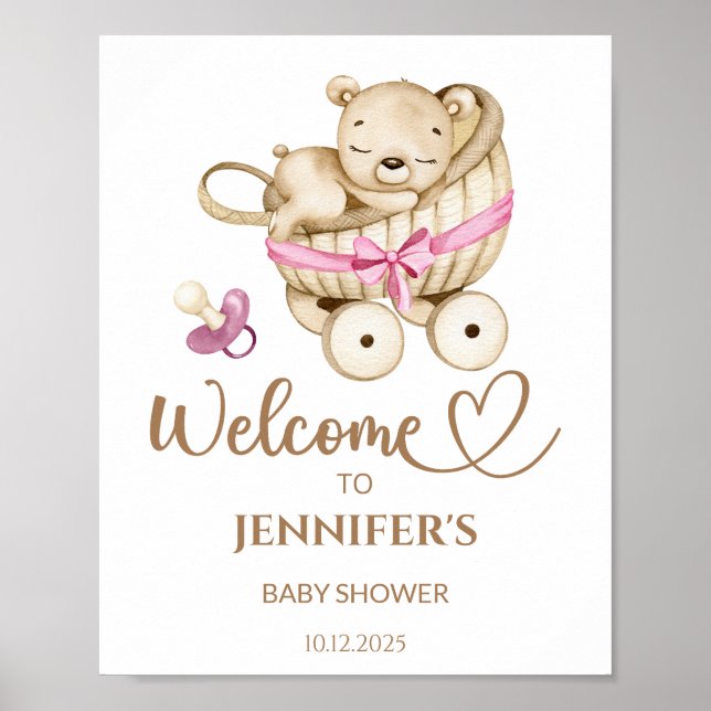 Poster de bienvenue de baby shower de fille Teddy  (Devant)