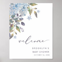 Poster de bienvenue du Baby shower Blue Hydrangeas