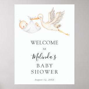 Poster de bienvenue du Baby shower de cigogne blan