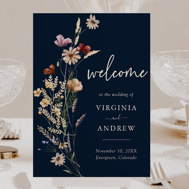 Poster de bienvenue du Mariage de la marine Blue B (Navy Blue Boho Floral Welcome Sign Wedding Poster by Painted Paperie
)