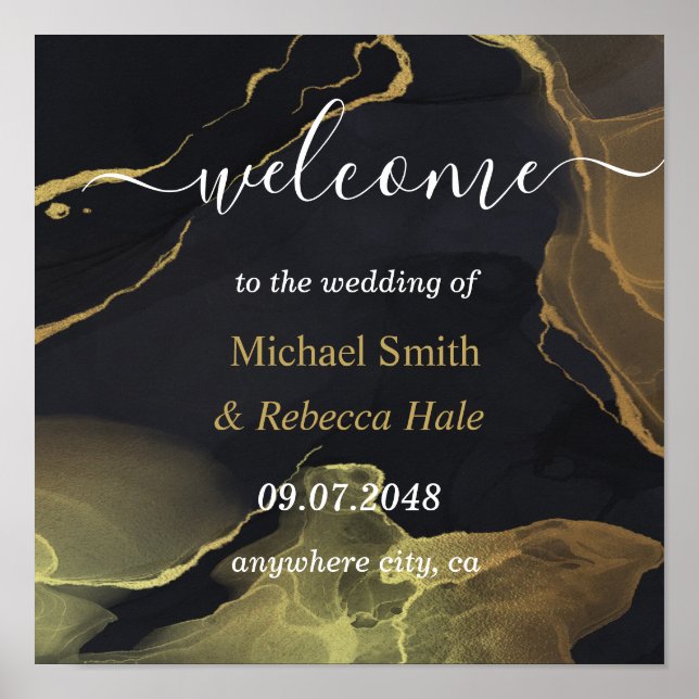 Poster de bienvenue du Mariage en marbre noir et o (Devant)