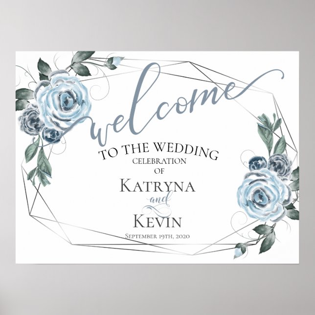 Poster de bienvenue du Mariage Floral Dusty Blue R (Devant)