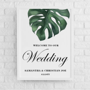 Poster de bienvenue du Mariage Green Monstera Leaf
