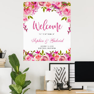 Poster de bienvenue du Mariage rose Fuchsia