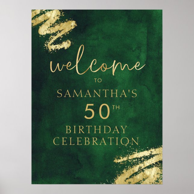 Poster de bienvenue pour l'anniversaire vert et or (Devant)