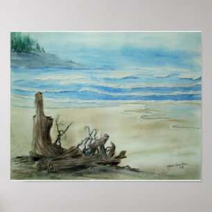 Poster de bois de chauffe sur l'aquarelle de plage