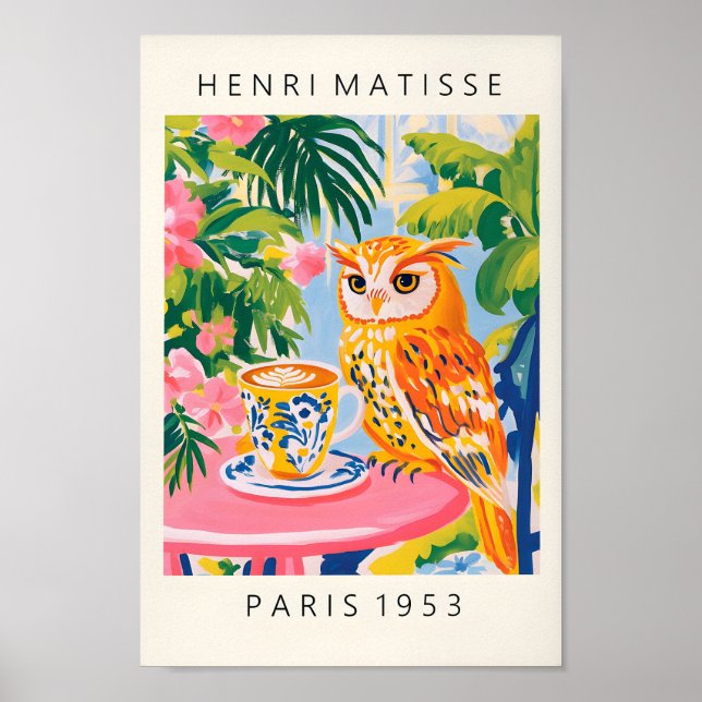 Poster de café de hibou, Imprimé d'oiseaux, Maxima (Devant)