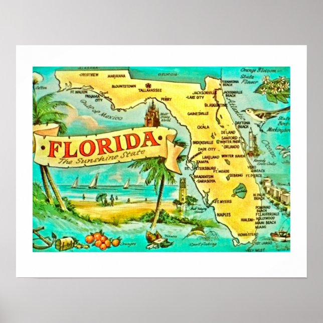 Poster de carte Florida Retro 20x16 (Devant)