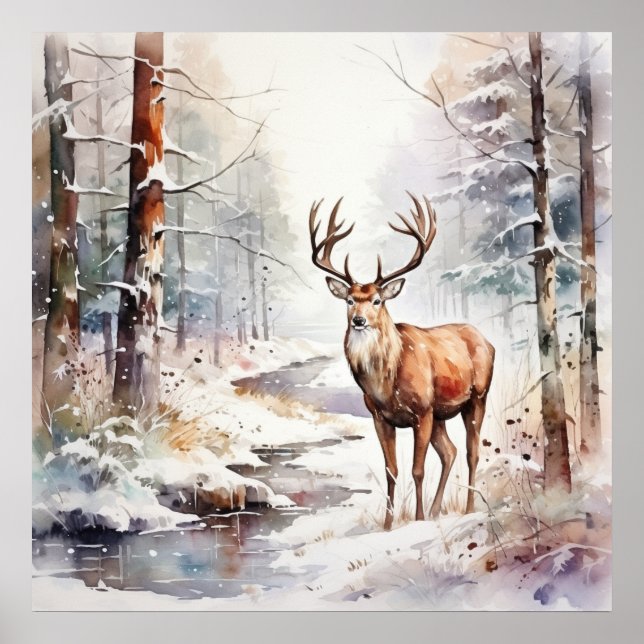 Poster de cerfs en aquarelle d'hiver (Devant)