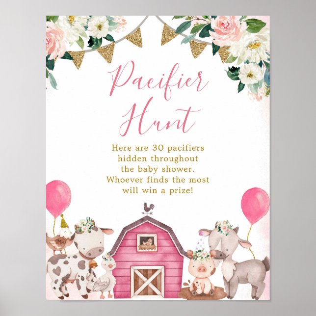 Poster de chasse de Baby shower de ferme rose fill (Devant)