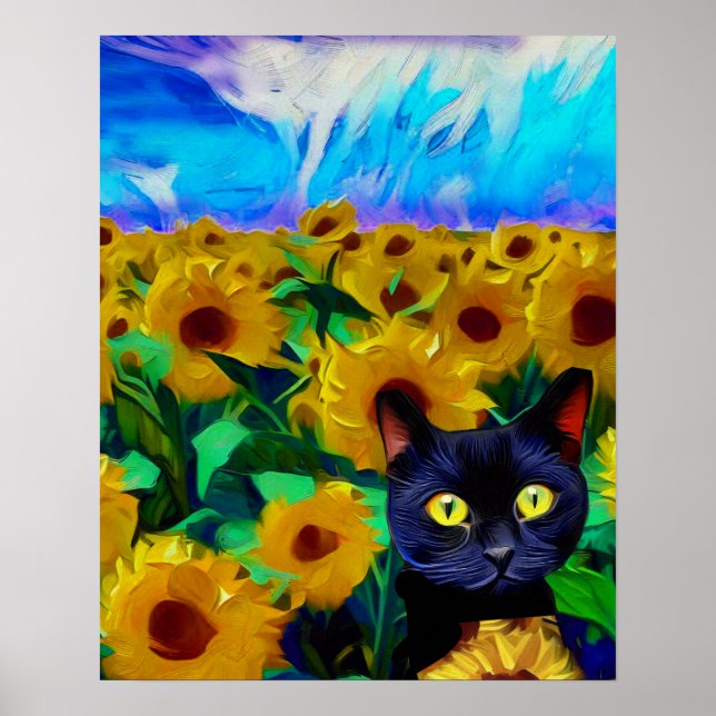 Poster de chat, terrain de tournesol, art impressi (Devant)