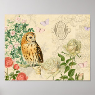 Poster de chouette vintage florale avec de beaux r