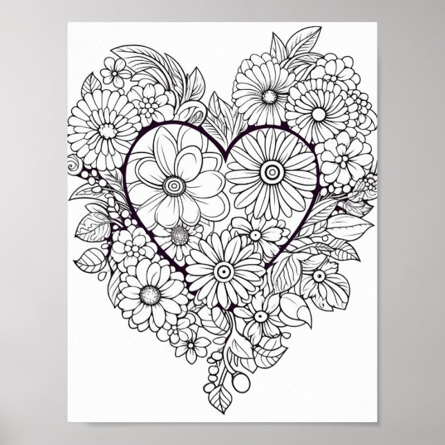 Poster de coloriage du coeur floral (Devant)