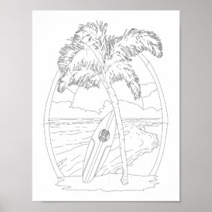 Poster de coloriage pour adultes de surf Beach