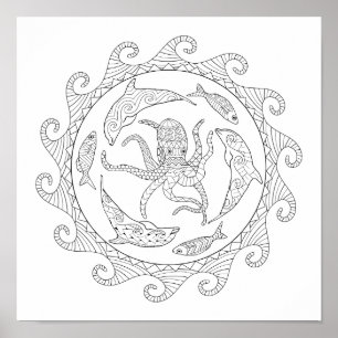 Poster de coloriage pour adultes Sea Life