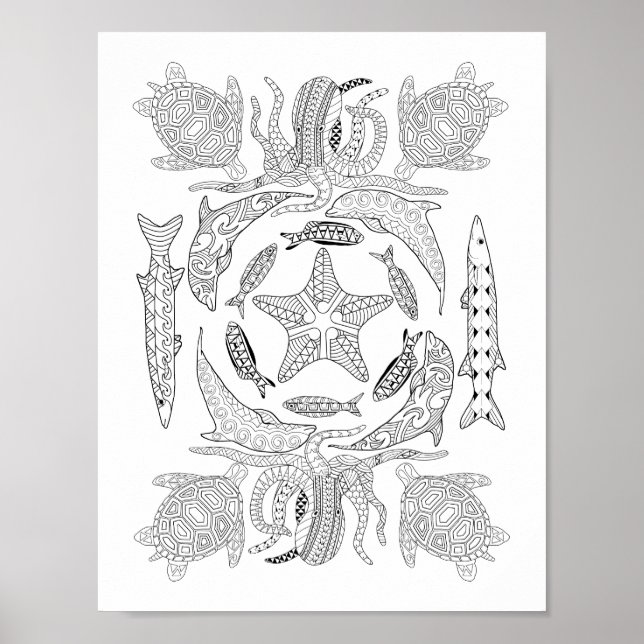 Poster de coloriage pour adultes vie marine (Devant)