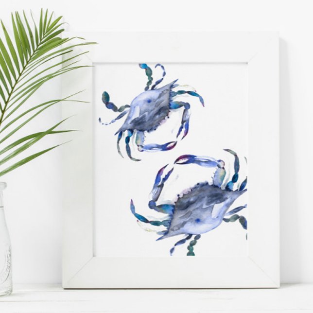 Poster de crabe bleu côtier d'aquarelle Art de la  (beach art 8x10 blue watercolor crabs by Victoria Grigaliunas)