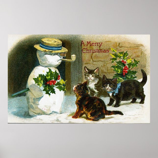 poster de décoration de bonhomme de neige et chats (Devant)