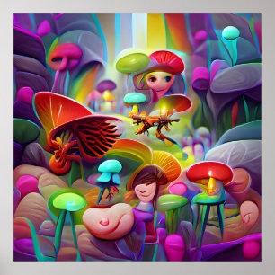 Poster de dessin animé de champignons et fées