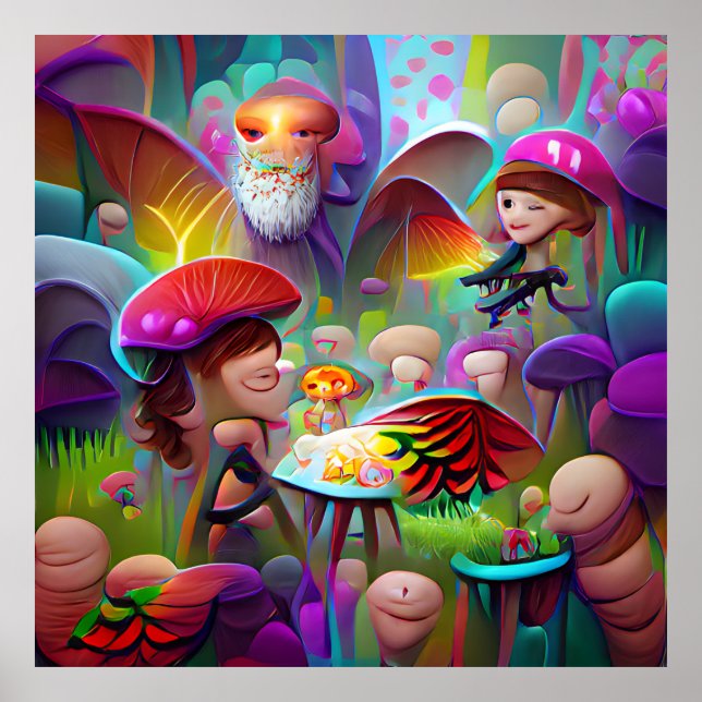 Poster de dessin animé de champignons et fées (Devant)