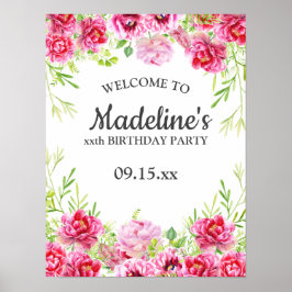 Poster de fête d'anniversaire blanc rose floral