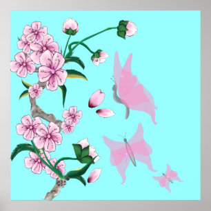 Poster de fleurs de cerisiers aux papillons roses