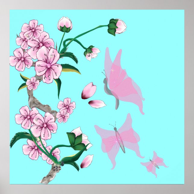 Poster de fleurs de cerisiers aux papillons roses (Devant)