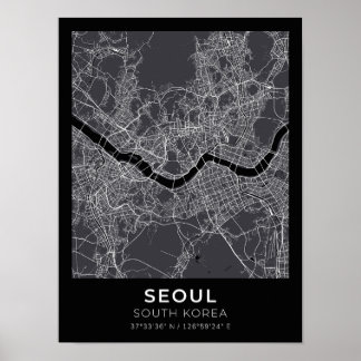Poster de la carte de la ville noire de Séoul Coré