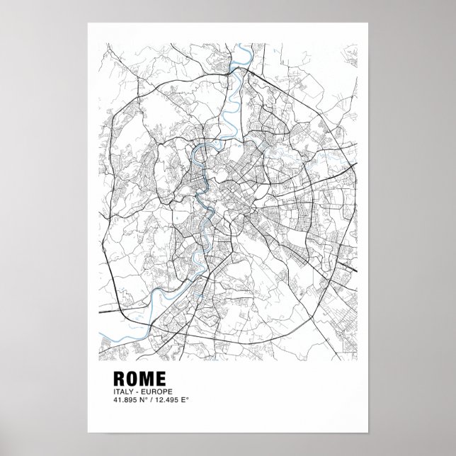 Poster de la carte de Rome - Italie Carte blanche (Devant)