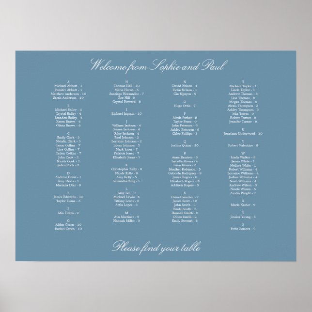 Poster de la carte de siège alphabétique bleu pous (Devant)