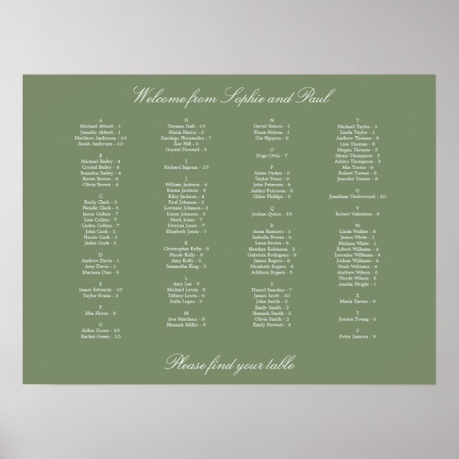 Poster de la carte de siège alphabétique verte Sag (Devant)