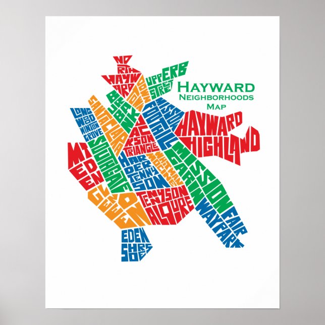 Poster de la carte des quartiers de Hayward 16x20 (Devant)