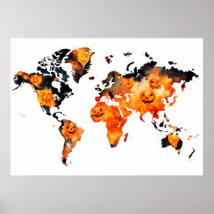 Poster de la carte du monde de l'Halloween Citroui
