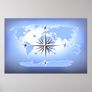 Poster de la carte du monde Rose de la boussole bl