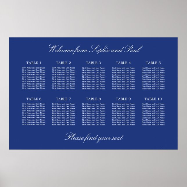 Poster de la carte Mariage de 10 tables en bleu fo (Devant)