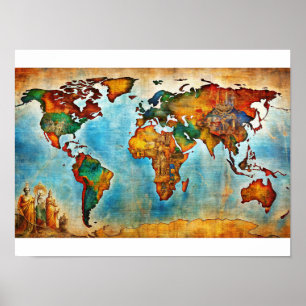 Poster de la carte mondiale de l'aquarelle antique