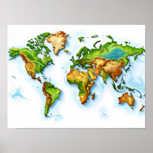 Poster de la carte topographique du monde Wall Art